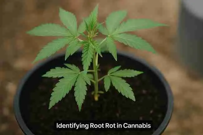 Close-up of a healthy cannabis plant in a black pot with green serrated leaves and rich soil, illustrating early identification of root rot in Cannabis.