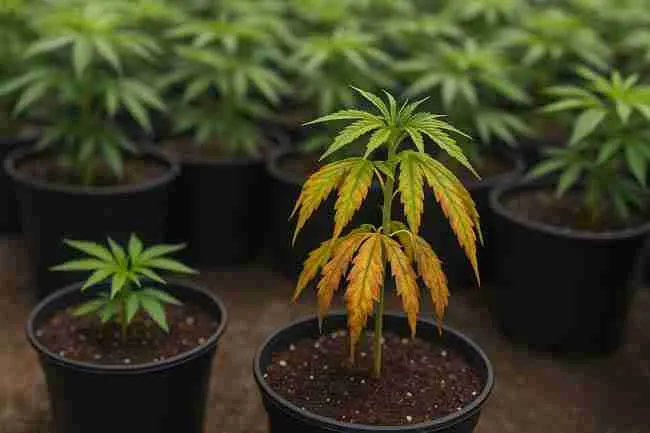 Cannabis plant with yellow, drooping leaves from root rot in Cannabis standing among healthy green plants in black pots inside a grow room.