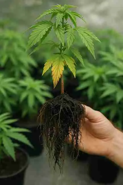 Close-up of a person holding an uprooted cannabis plant with dark, decaying roots from root rot in Cannabis, against a background of healthy green plants.