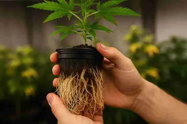Hands holding a cannabis plant in a small black pot, revealing long healthy white roots with slight discoloration at tips, used to explain root rot in Cannabis treatment steps.