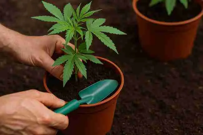 Hands tending a cannabis plant in a reddish-brown pot filled with dark soil, symbolizing proper care and treatment to prevent root rot in Cannabis.