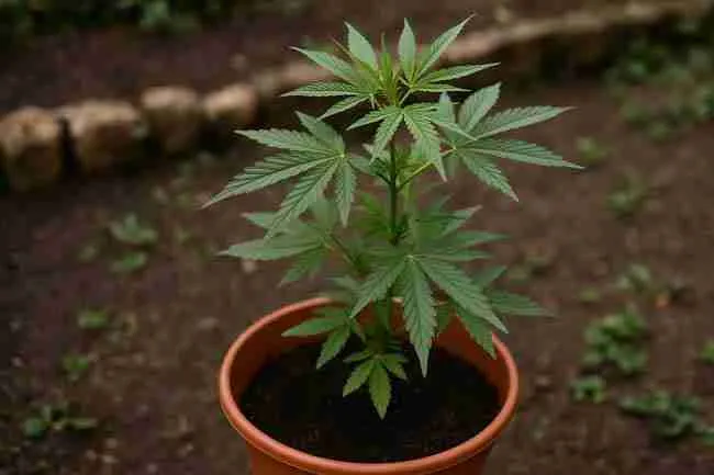 Healthy cannabis plant in a terracotta pot with vibrant green leaves and dark moist soil, illustrating optimal growing conditions to prevent root rot in Cannabis.