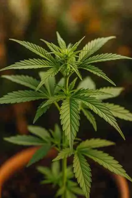 Close-up of a healthy cannabis plant’s upper leaves and stem, bathed in warm light, representing proper growth practices to prevent root rot in Cannabis.