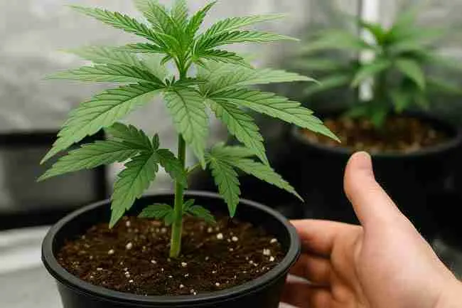 Close-up of a healthy cannabis plant in a black pot with aerated soil, supported by a hand, demonstrating best practices to prevent root rot in Cannabis.
