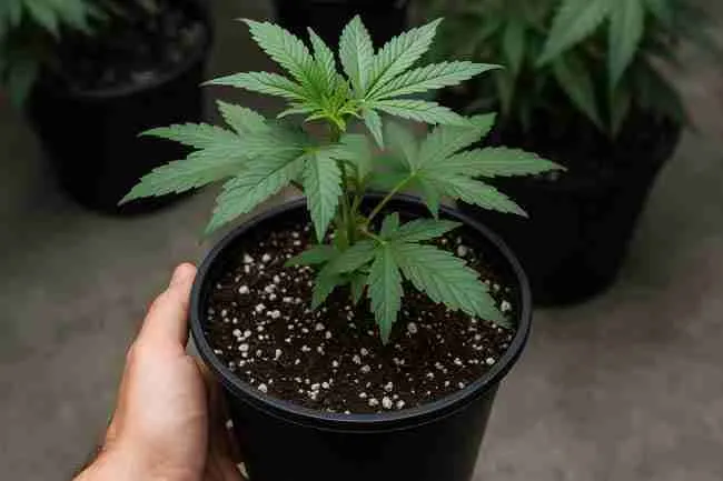 Healthy cannabis plant in a black pot with perlite-rich soil, supported by a hand, demonstrating recovery and prevention of root rot in Cannabis.