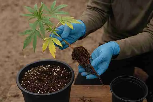 Person wearing blue gloves holding a cannabis plant with yellowing leaves and dark, decaying roots from root rot in Cannabis, above a pot of fresh soil.
