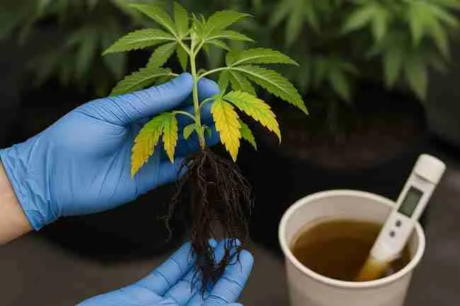 Person wearing blue gloves holding a cannabis plant with yellowing leaves and dark roots from root rot in Cannabis, with a nutrient solution cup and meter nearby.