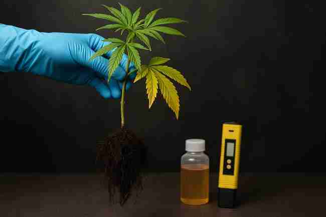 Person wearing blue gloves holding a cannabis plant with yellowing leaves and dark roots from root rot in Cannabis, with nutrient solution and pH meter in background.