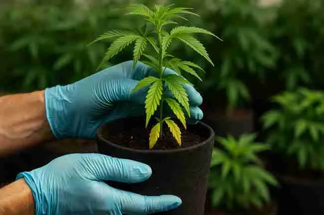 Person wearing blue gloves holding a cannabis plant in a fabric pot, inspecting for signs of root rot in Cannabis, with healthy plants blurred in the background.