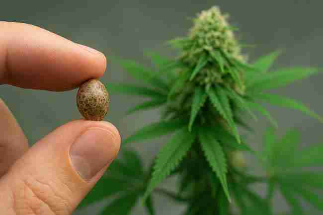 hand holding a single mature cannabis seed with a blurred flowering cannabis plant in the background.