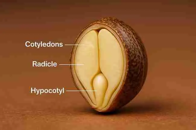 cross-section of a cannabis seed with labeled cotyledons, radicle, and hypocotyl against a warm brown background.