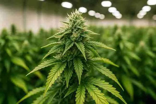 Bold horizontal image of a trichome-coated cannabis bud in a bright indoor grow, illustrating the healthy development of Fast Flowering Cannabis under optimal light and climate.