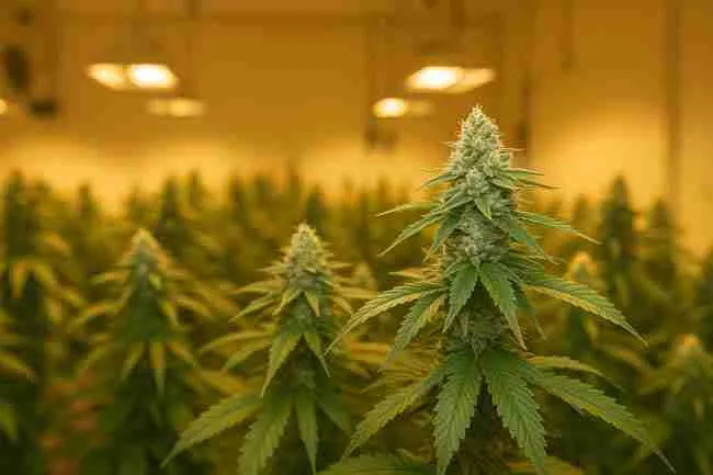 Bold horizontal image of an indoor Fast Flowering Cannabis grow under warm light, featuring dense, resin-covered buds ready for a quick harvest.