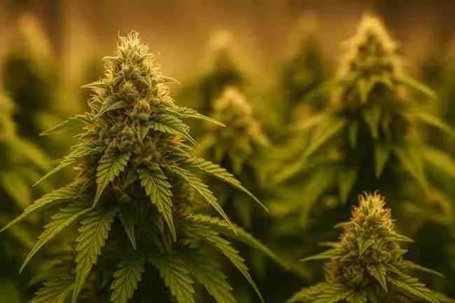 Bold horizontal image of multiple mature Fast Flowering Cannabis colas in warm light, showing dense buds, orange pistils, and heavy trichome coverage.
