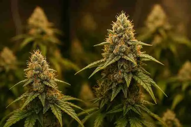 Bold horizontal image of mature Fast Flowering Cannabis buds in full bloom, coated with trichomes and orange pistils, under warm indoor grow lighting.