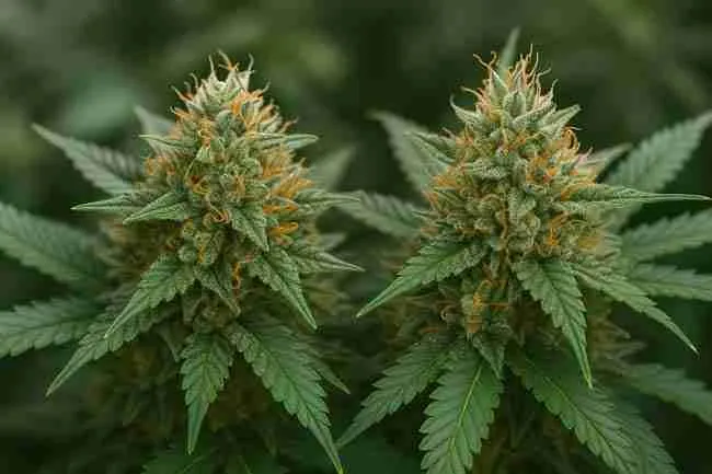 Bold horizontal image of two dense Fast Flowering Cannabis buds coated with trichomes and bright orange pistils, symbolizing healthy, well-lit growth.