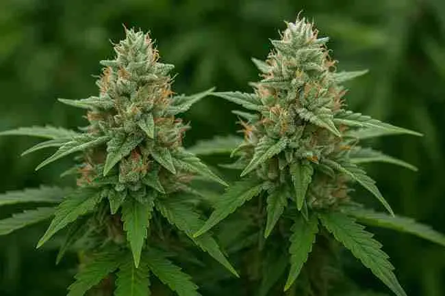 Bold horizontal image of two healthy Fast Flowering Cannabis colas, coated in shimmering trichomes with vivid orange pistils, under soft indoor lighting.