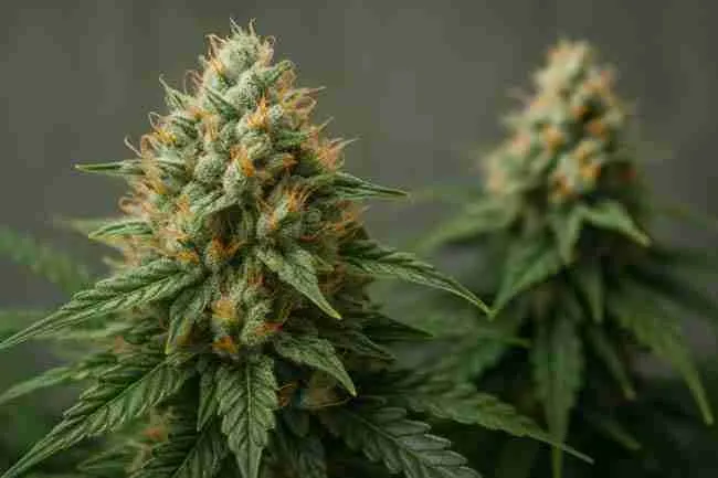 Bold horizontal image of a close-up Fast Flowering Cannabis cola in peak bloom, coated in frosty trichomes with orange pistils, ready for harvest.