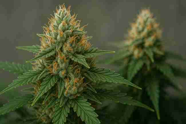 old horizontal image of two Fast Flowering Cannabis colas in sharp focus, coated with trichomes and vibrant orange pistils, against a softly blurred background.