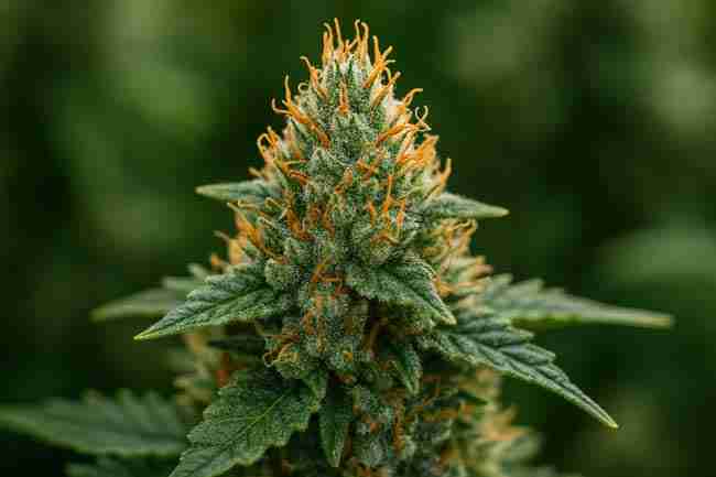 Bold horizontal image of a mature Fast Flowering Cannabis cola covered in frosty trichomes with bright orange pistils, symbolizing a ready-to-harvest plant.