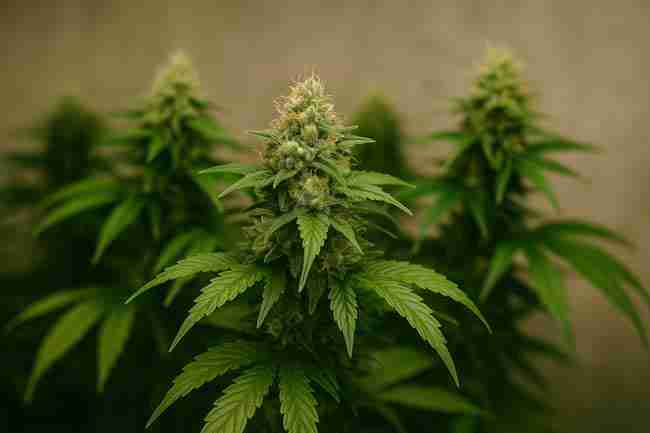 Close-up of compact cannabis plants with dense buds and trichomes, showing ideal traits like size, speed, and resilience.