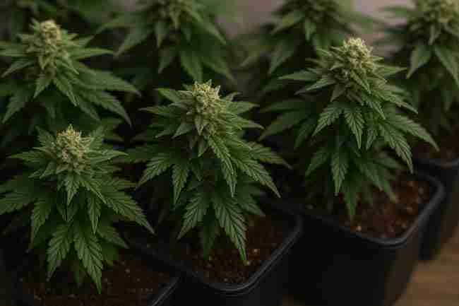 Compact cannabis plants in small pots inside a grow tent, showcasing strains like Northern Lights Auto and Blueberry Auto.