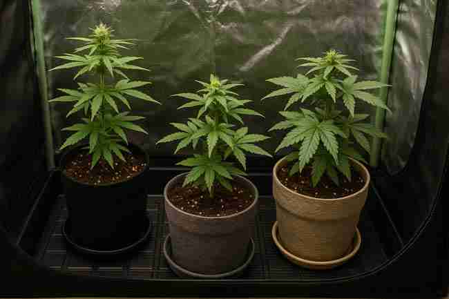 Three cannabis plants of different sizes in small fabric pots inside a grow tent, showing growth stage and trait variations.