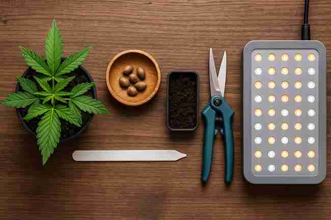 Cannabis Seeds for Micro-Grows – Cannabis plant training tools including pruning shears, LED light, seeds, soil, and a young cannabis plant for LST and topping.