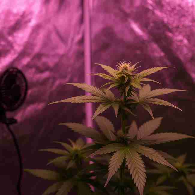 Cannabis plant under LED lighting with reflective tent walls, fan, and controlled environment for temperature and humidity.