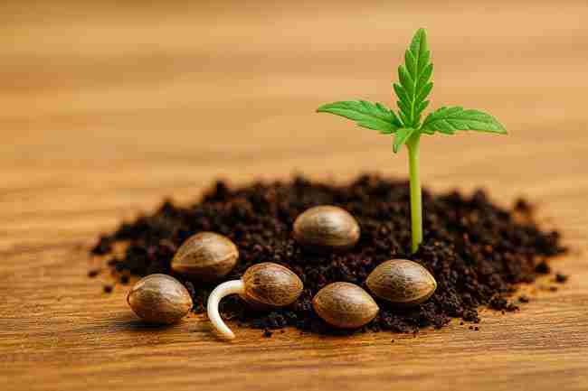 Cannabis seed germinating beside a young seedling, symbolizing odor control and stealth-focused growing from start to harvest.