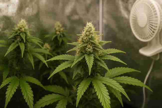 Cannabis Seeds for Micro-Grows – Close-up of cannabis plants under LED with fan, showing dense buds and leaves as examples of healthy versus stressed growth.
