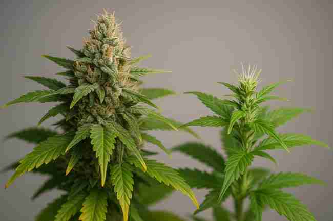Side-by-side cannabis plants showing early flower stage and fully mature bud, illustrating week-by-week micro-grow progress.
