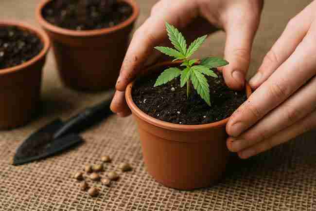 Hands transplanting a young cannabis seedling into a small pot with soil and seeds nearby, symbolizing careful strain selection.