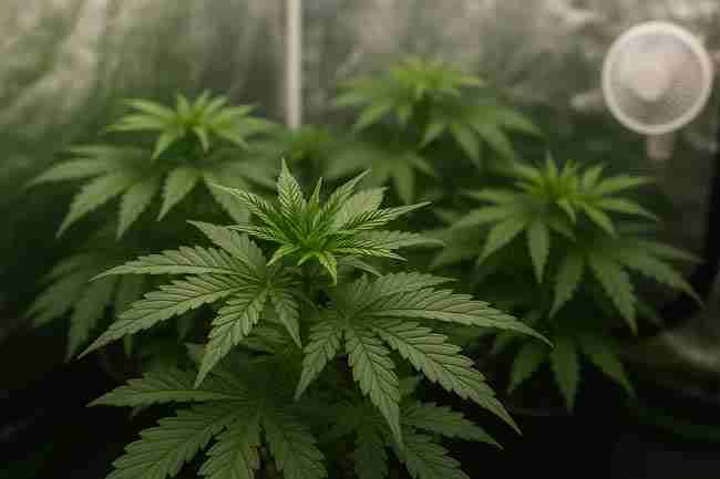 Multiple compact cannabis plants growing in a small reflective tent with fan, showing beginner, photoperiod, and stealth setups.