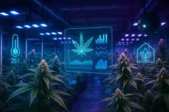 AI-controlled indoor cannabis grow room with holographic data displays