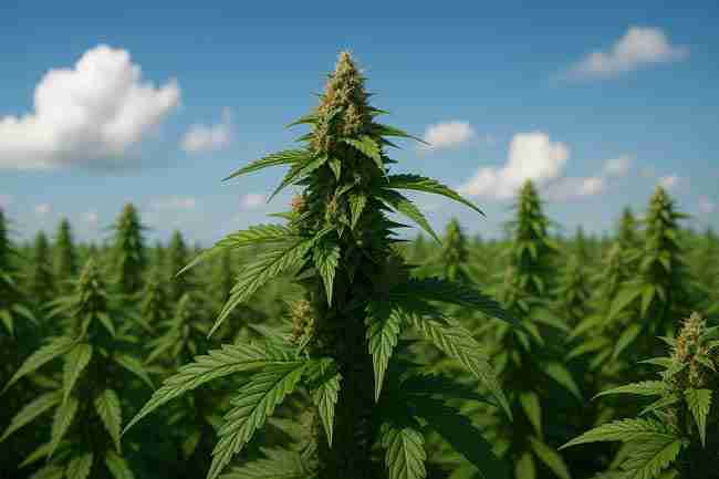 Futuristic icons encircling a thriving cannabis plant, symbolizing AI climate, vision, yield, robotics, coaching