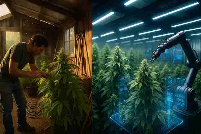 Split scene showing hands-on grower vs. sleek AI-powered robotic cultivation