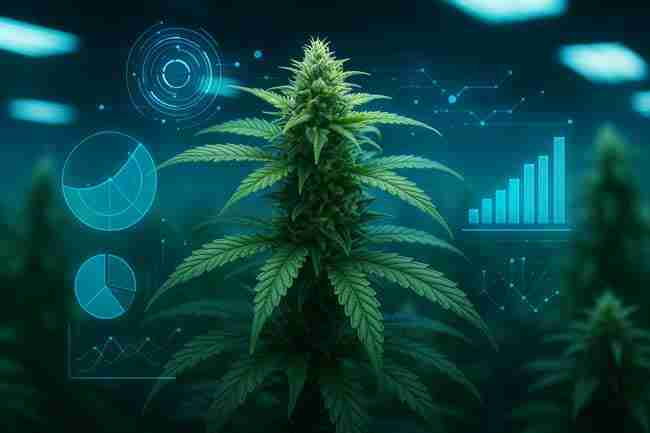 Cannabis cola surrounded by glowing charts and data graphs