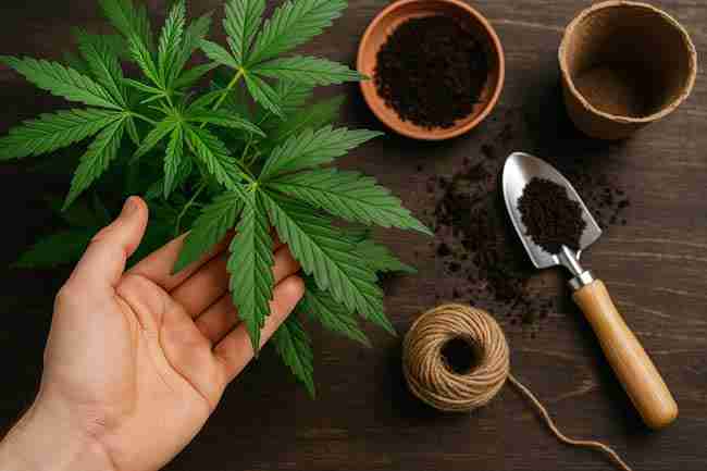 Hand cradling a young cannabis plant with soil, tools, and twine ready for action