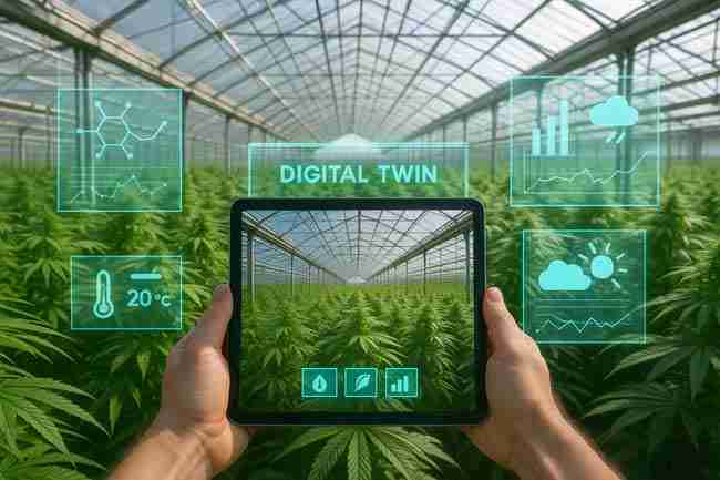 Grower holding a tablet displaying a digital-twin greenhouse over real cannabis rows