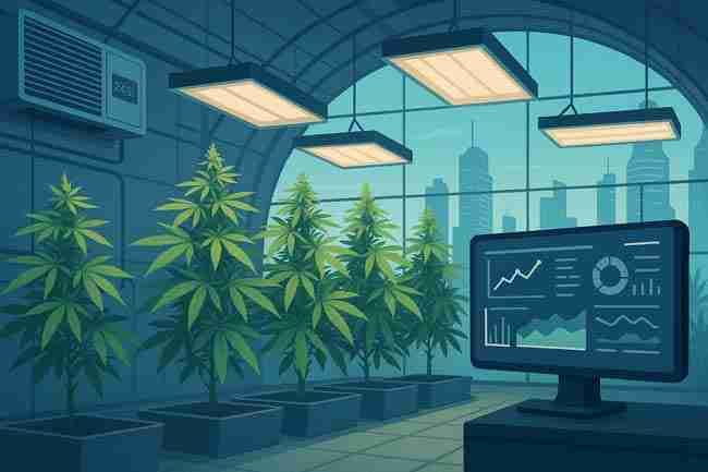 Futuristic city greenhouse with AI-monitored cannabis plants and data dashboard