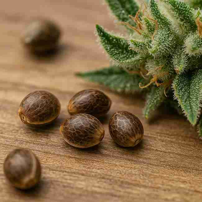 Bold close-up of Dark Marijuana Seeds beside a frosty cannabis flower, showing healthy mature seeds ready for germination.