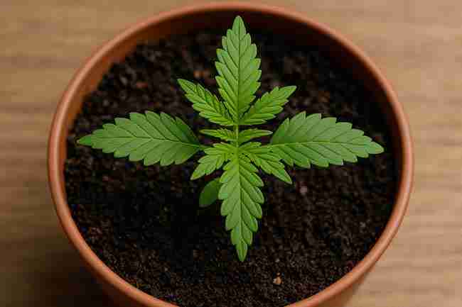 Bold close-up of a young cannabis seedling growing in soil, representing seed viability beyond Dark Marijuana Seeds color.