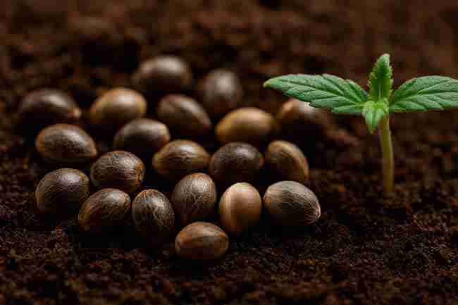 Bold close-up of Dark Marijuana Seeds scattered in soil with a young seedling sprouting, showing seed-to-plant growth potential.
