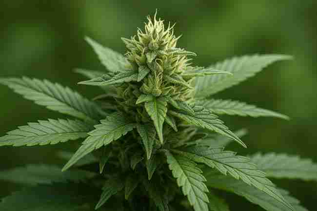 Bold close-up of a cannabis cola with dense trichomes and healthy green leaves, showing stabilized plant traits from careful breeding.