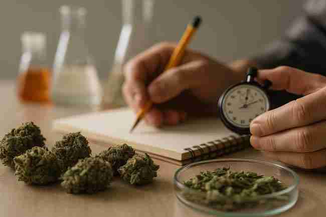 Bold close-up of hands recording cannabis breeding data with buds and lab tools, showing preservation of genetics beyond Dark Marijuana Seeds color.