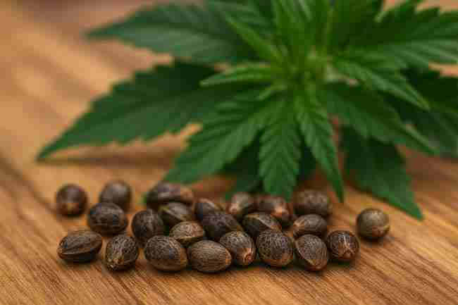 Bold close-up of Dark Marijuana Seeds scattered on wood with cannabis leaves in background, illustrating F1 and F2 seed variations.