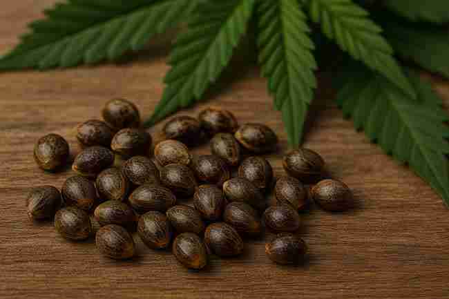 Bold close-up of Dark Marijuana Seeds on wood with cannabis leaves in background, symbolizing controlled breeding for seed purity.