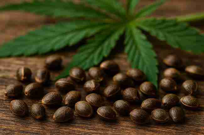 Bold close-up of Dark Marijuana Seeds on wood with cannabis leaves in background, symbolizing debunked seed color myths.