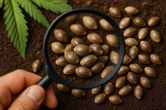 Bold close-up of Dark Marijuana Seeds under magnifying glass with cannabis leaves, symbolizing testing and careful selection for viability